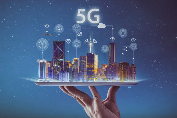 5G graphic held in a person's hand. 