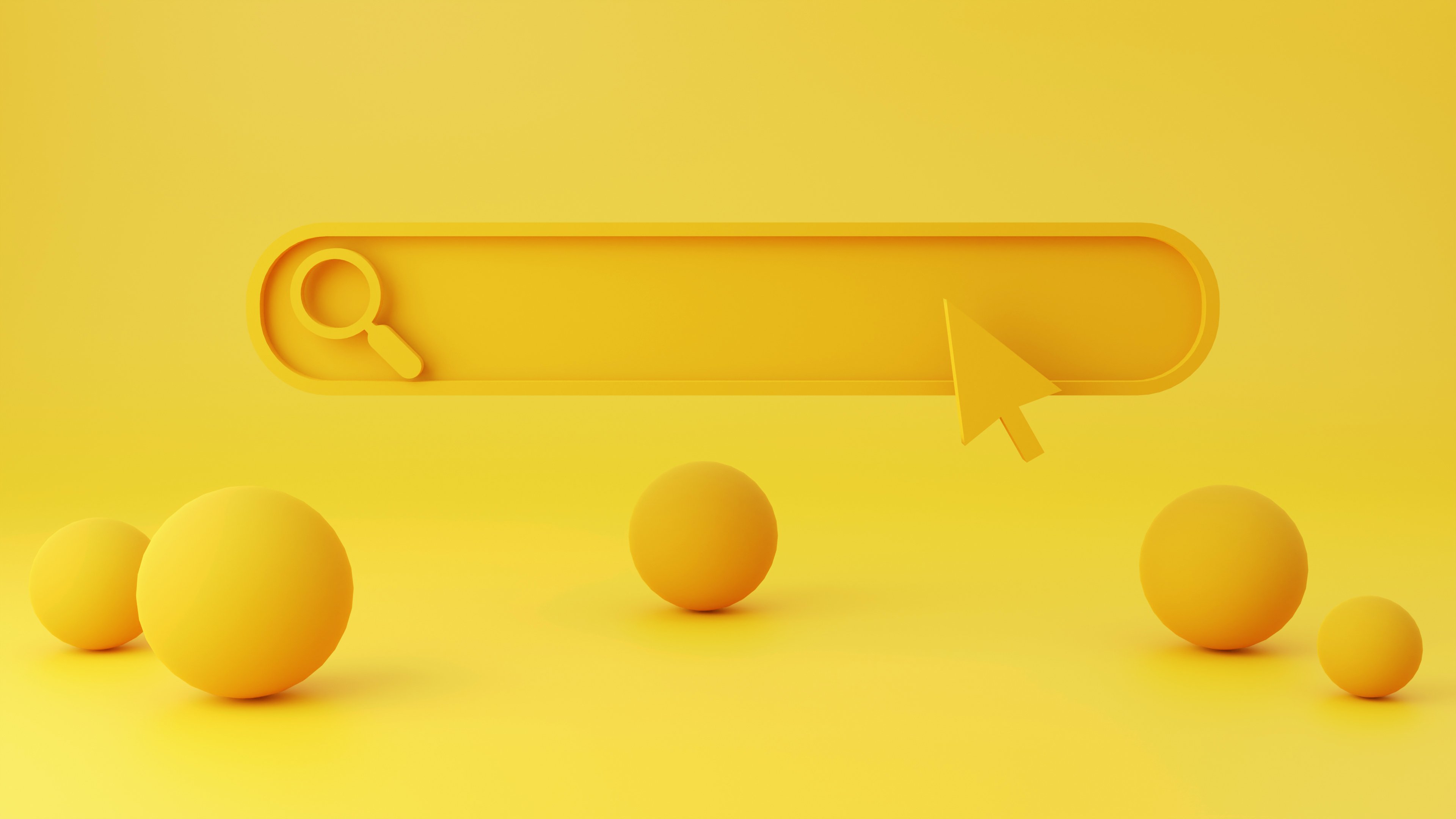 3D search bar in yellow with round balls in the foreground. 