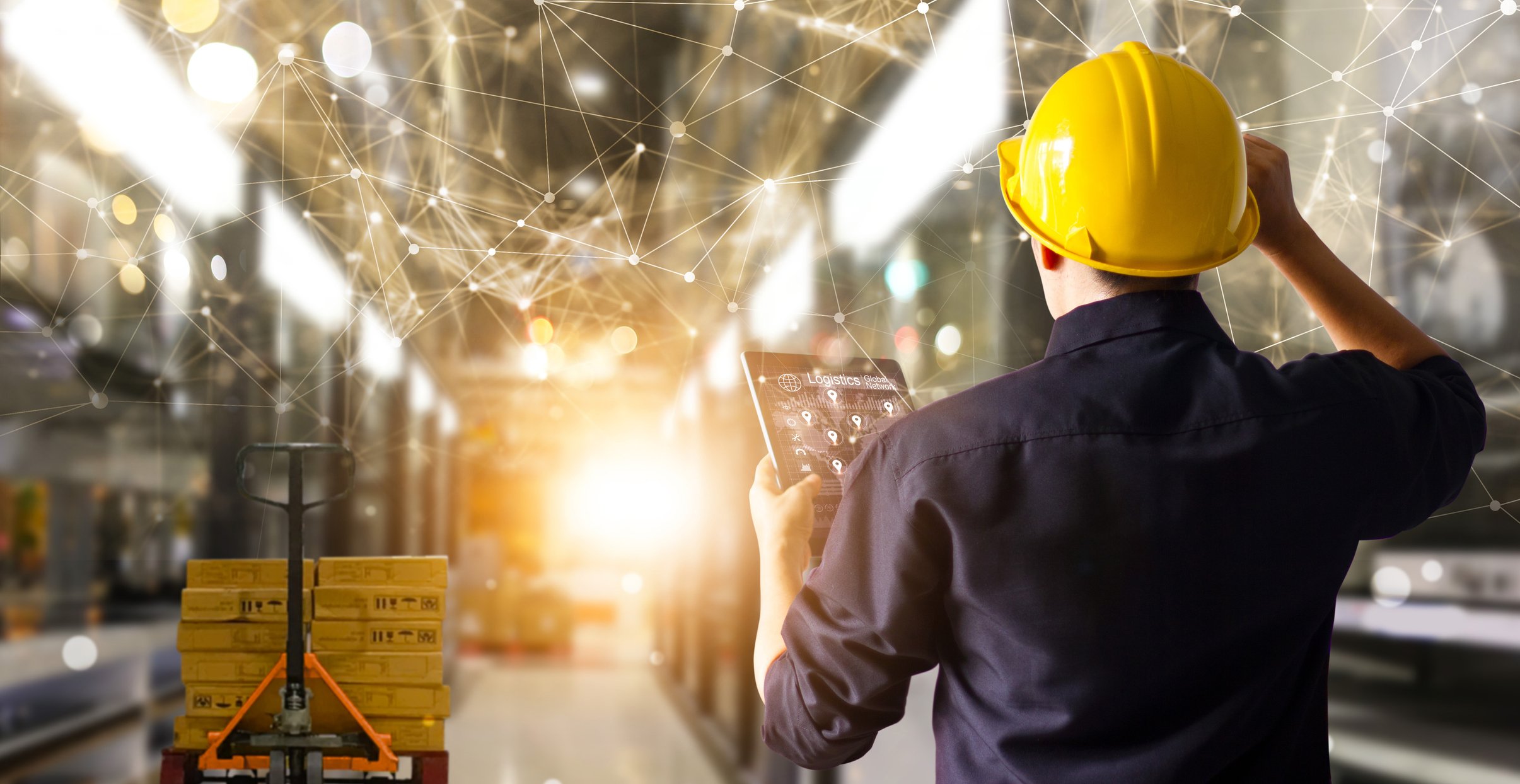 warehouse guy with supply chain technology in use