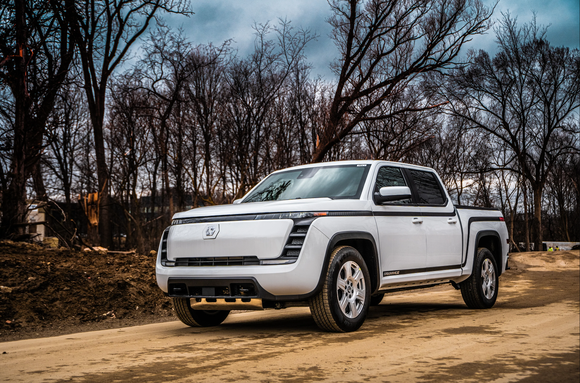 white Lordstown Endurance electric pickup truck. 