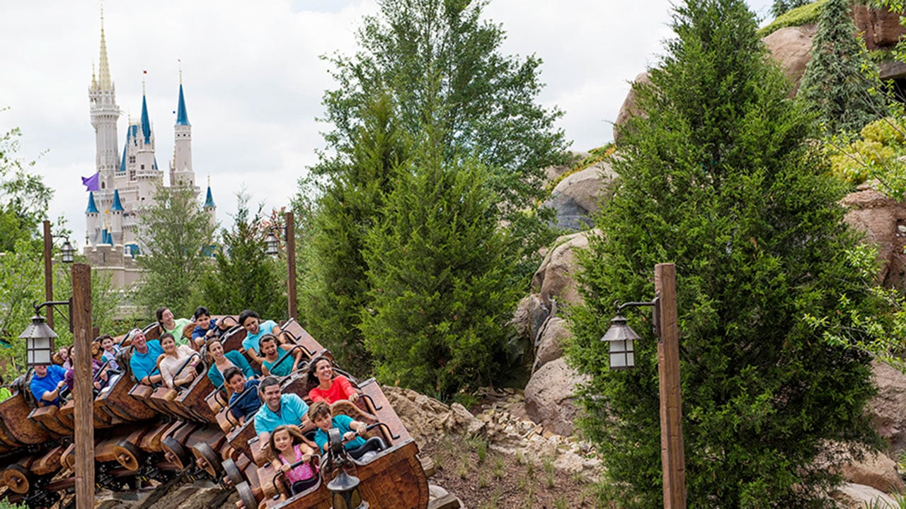 Riders on the Seven Dwarfs Mine Train at the Magic Kingdom.