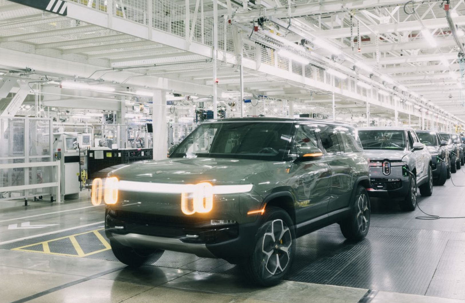 Production line of R1 platform Rivian electric trucks. 