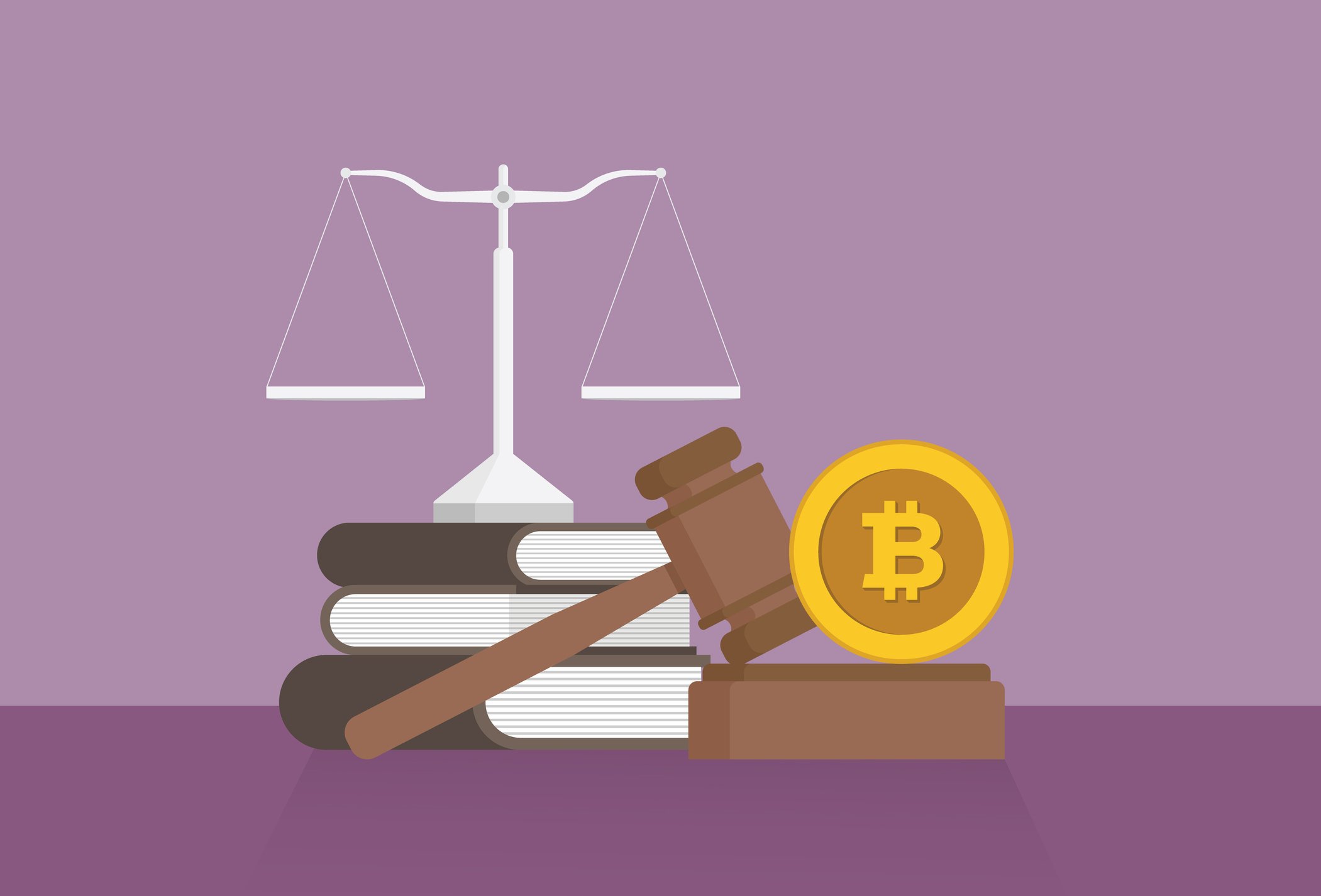 Picture of gavel, scale, books, and Bitcoin.