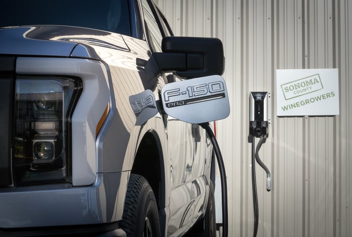 Ford F-150 Lightning plugged into charger.