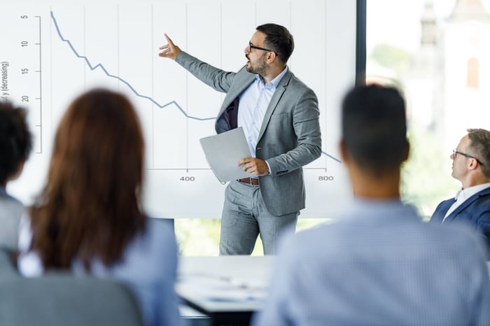 Man explaining graph to colleagues.