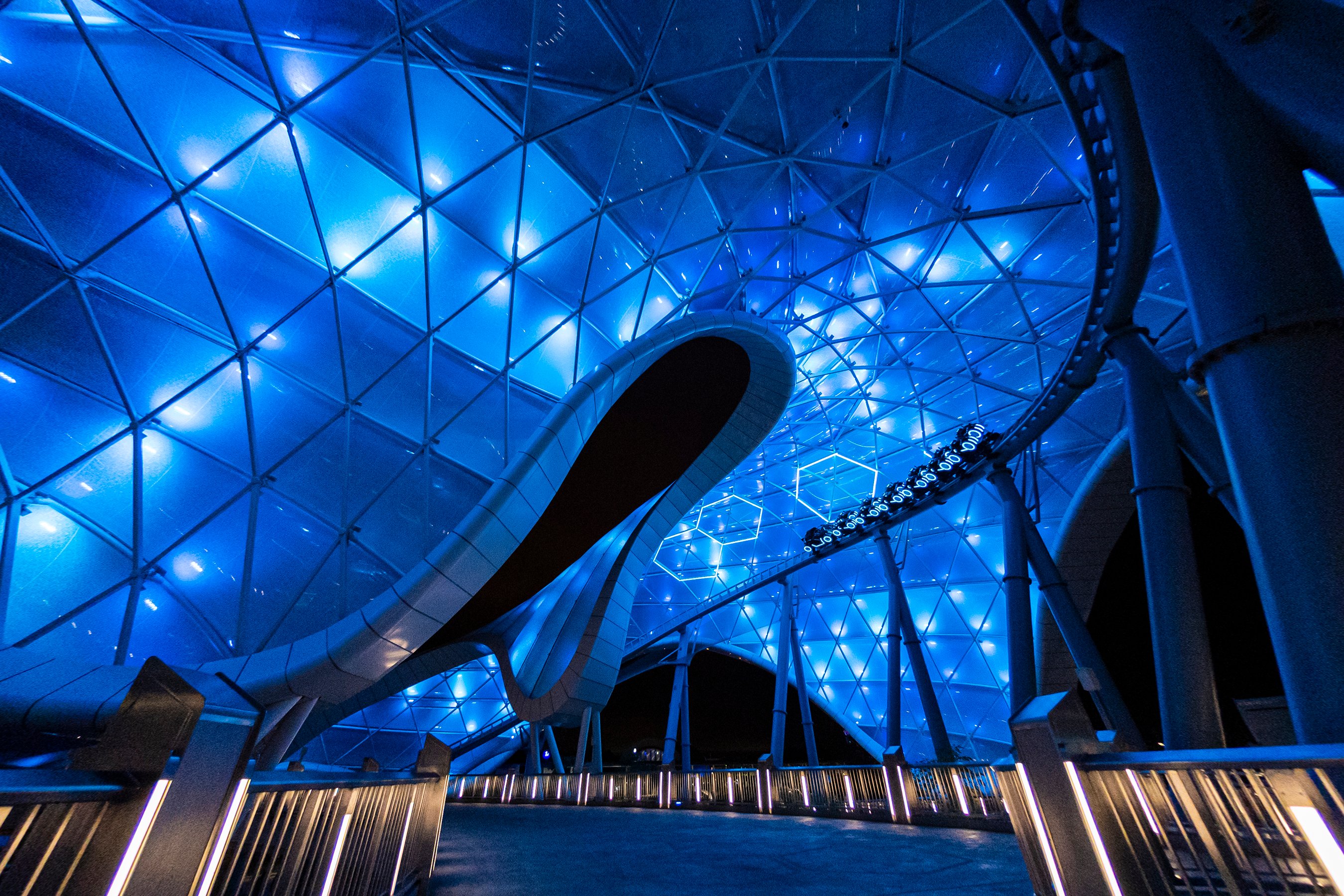 Tron Lightcycle Run on a nighttime ride at Disney World's Magic Kingdom.