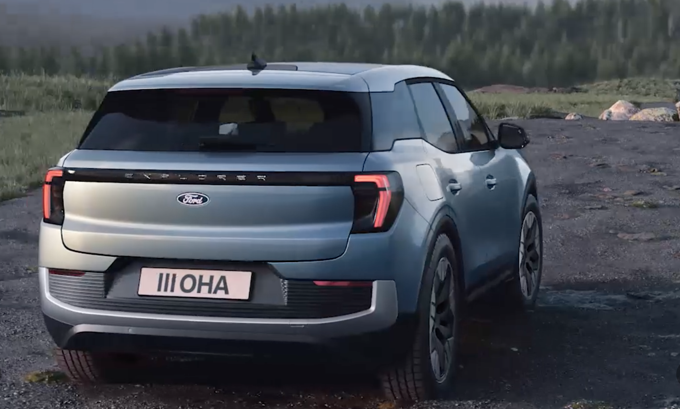 Ford Explorer fully electric SUV in scenic setting in Europe. 