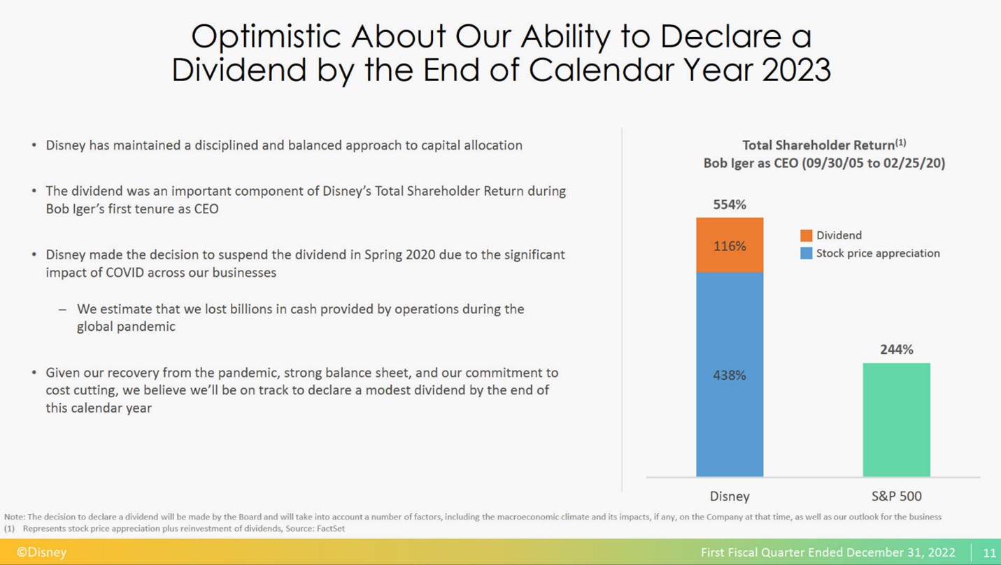 A slide showing Disney's performance when it paid a dividend during Iger's tenure. 