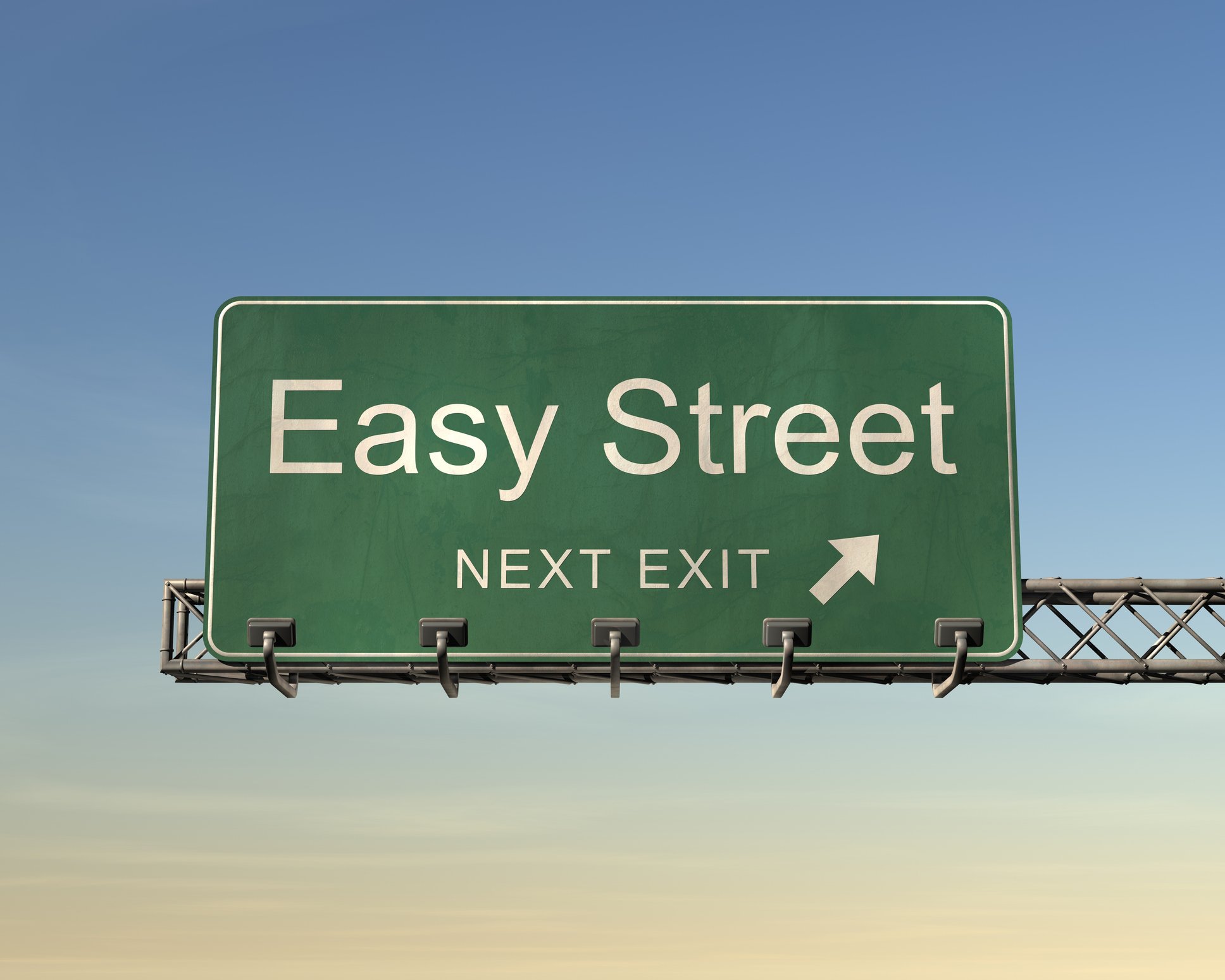 A highway exit sign that reads "Easy Street" and "Next Exit."