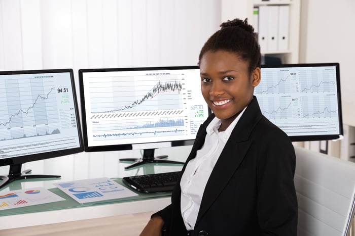 Someone sitting at a desk with investing charts on three monitors.