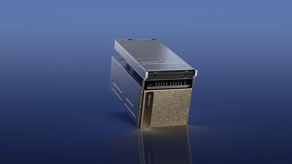 A picture of the DGX Quantum hardware, and Nvidia Grace Hopper GPU with a Quantum Machines OPX+ on top of it.