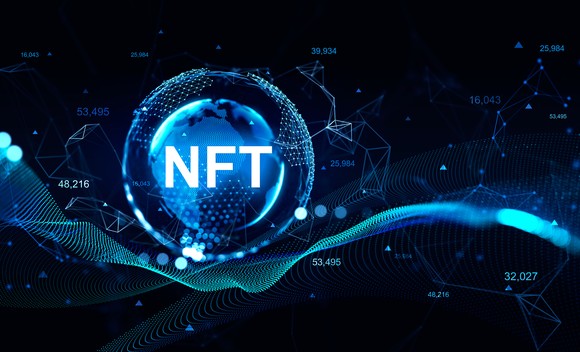 Blue NFT sphere against black background. 