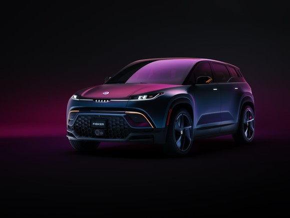 Fisker Ocean SUV in violet light. 