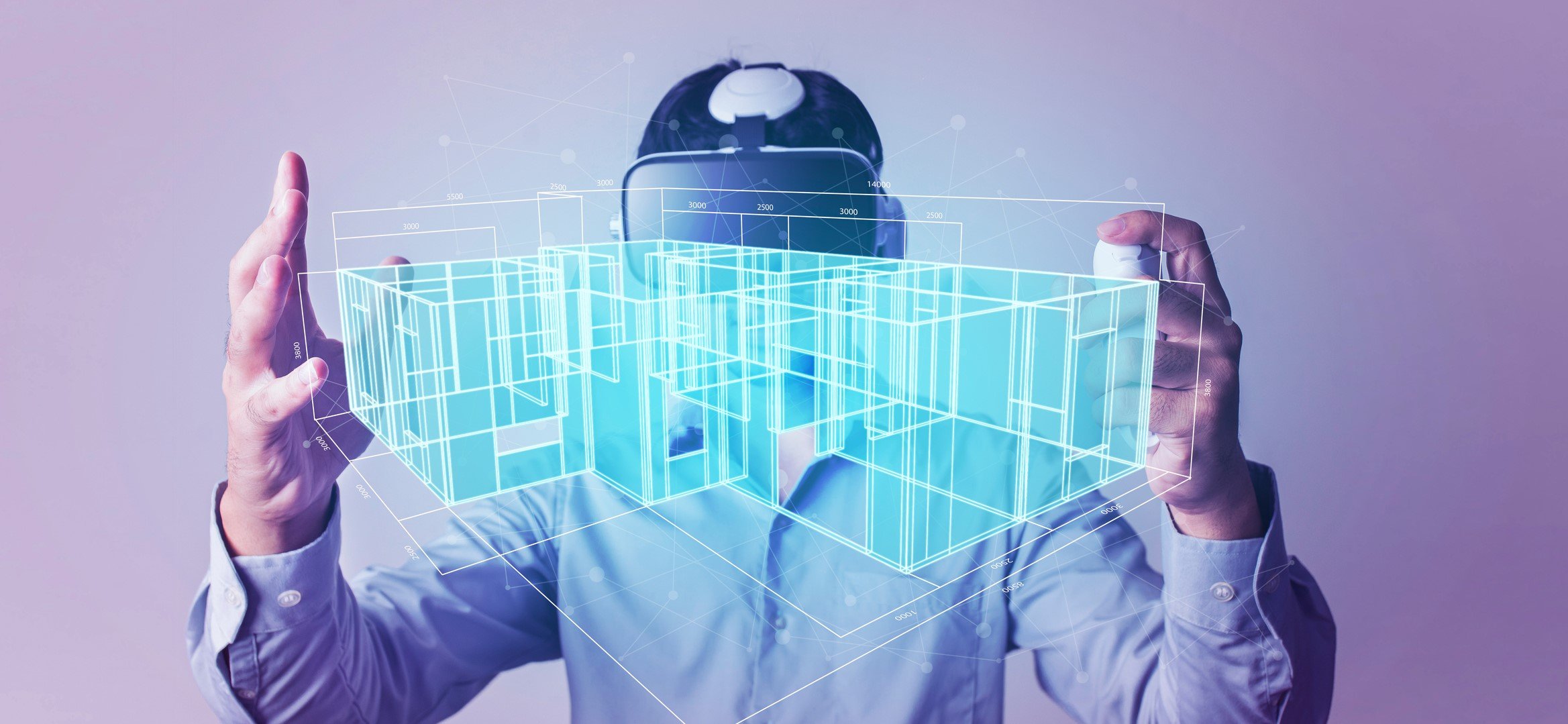 A person studies a VR model of a house.