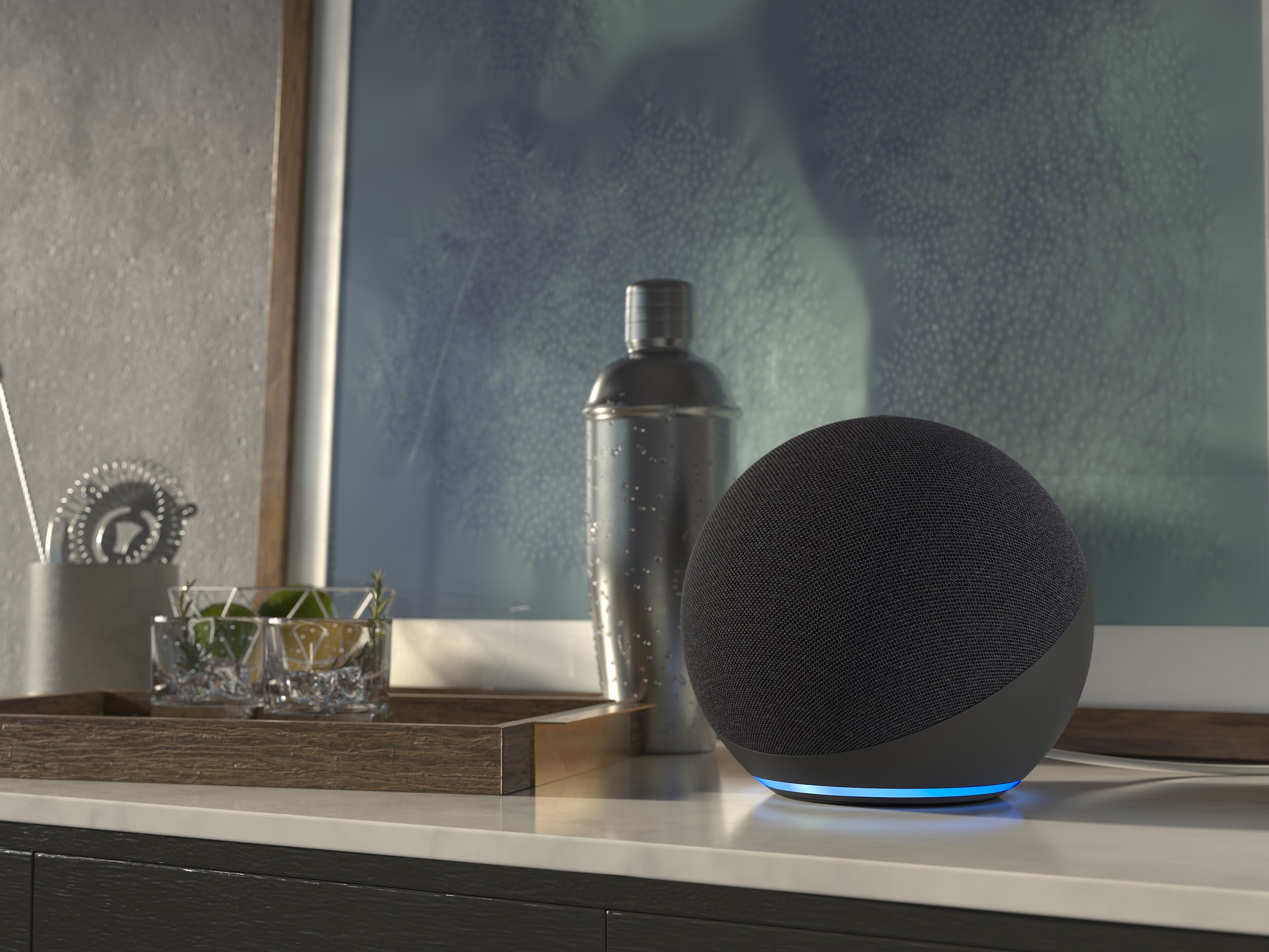 A black Echo smart speaker sitting on a shelf.