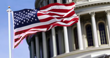 american flag in front of capital building