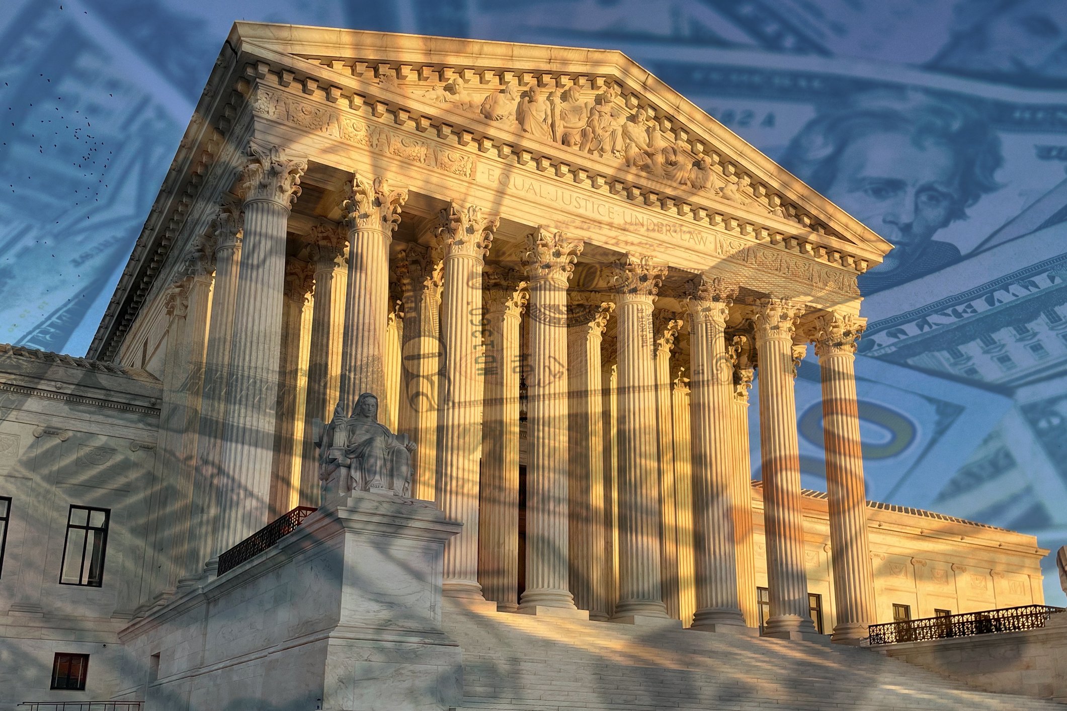 The U.S. Supreme Court building with a background image of money.