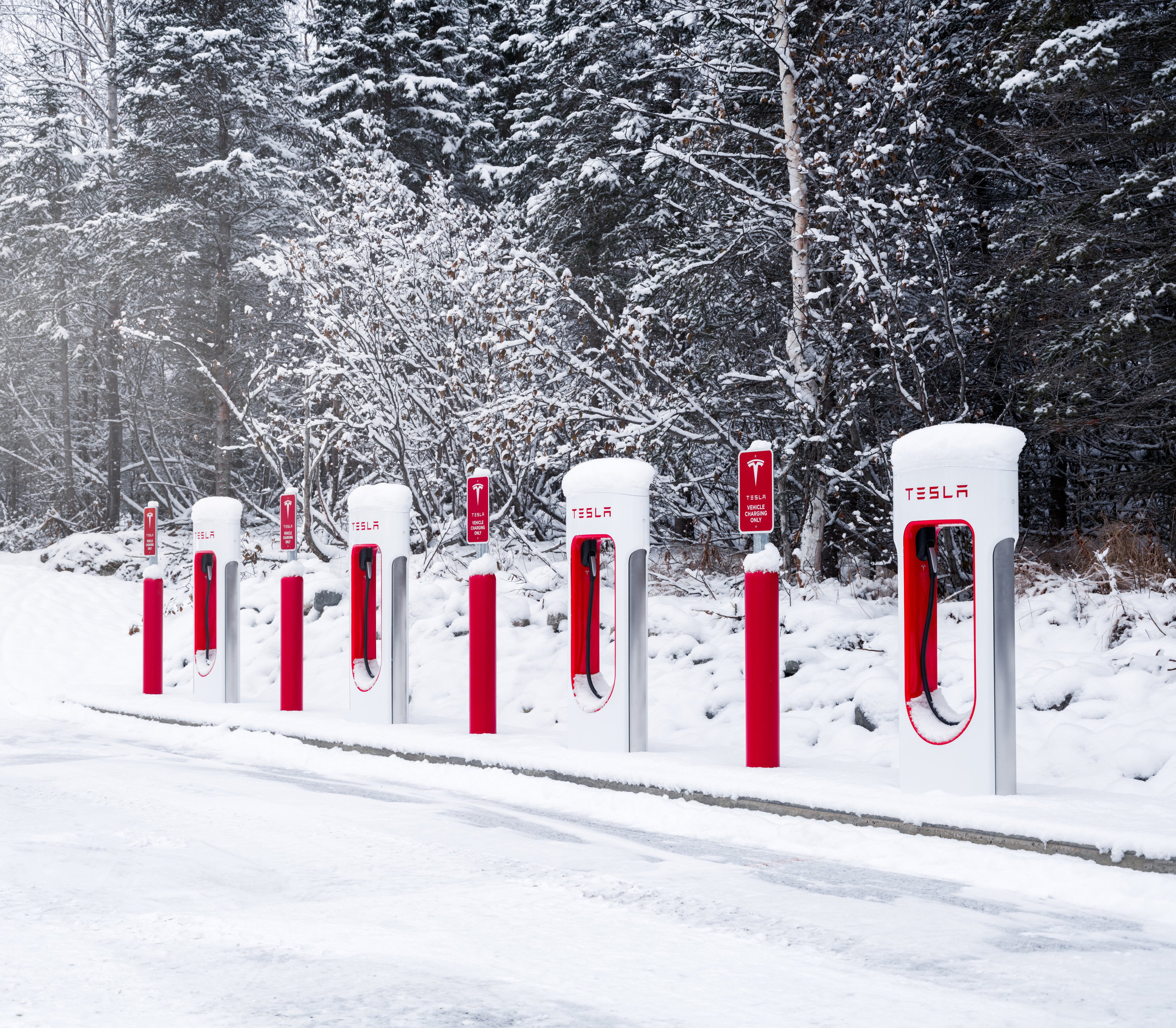 A bank of Tesla Superchargers partially covered in snow.
