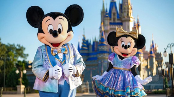 Mickey and Minnie Mouse in front of the Magic Kingdom castle in Florida.