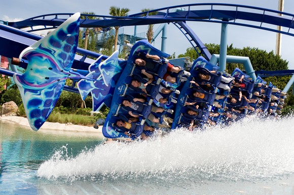 SeaWorld Orlando's Manta coaster skimming along the water.