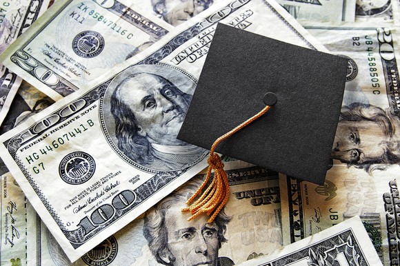 A graduation cap sits atop a scattered pile of U.S. currency bills with the $100 bill most visible