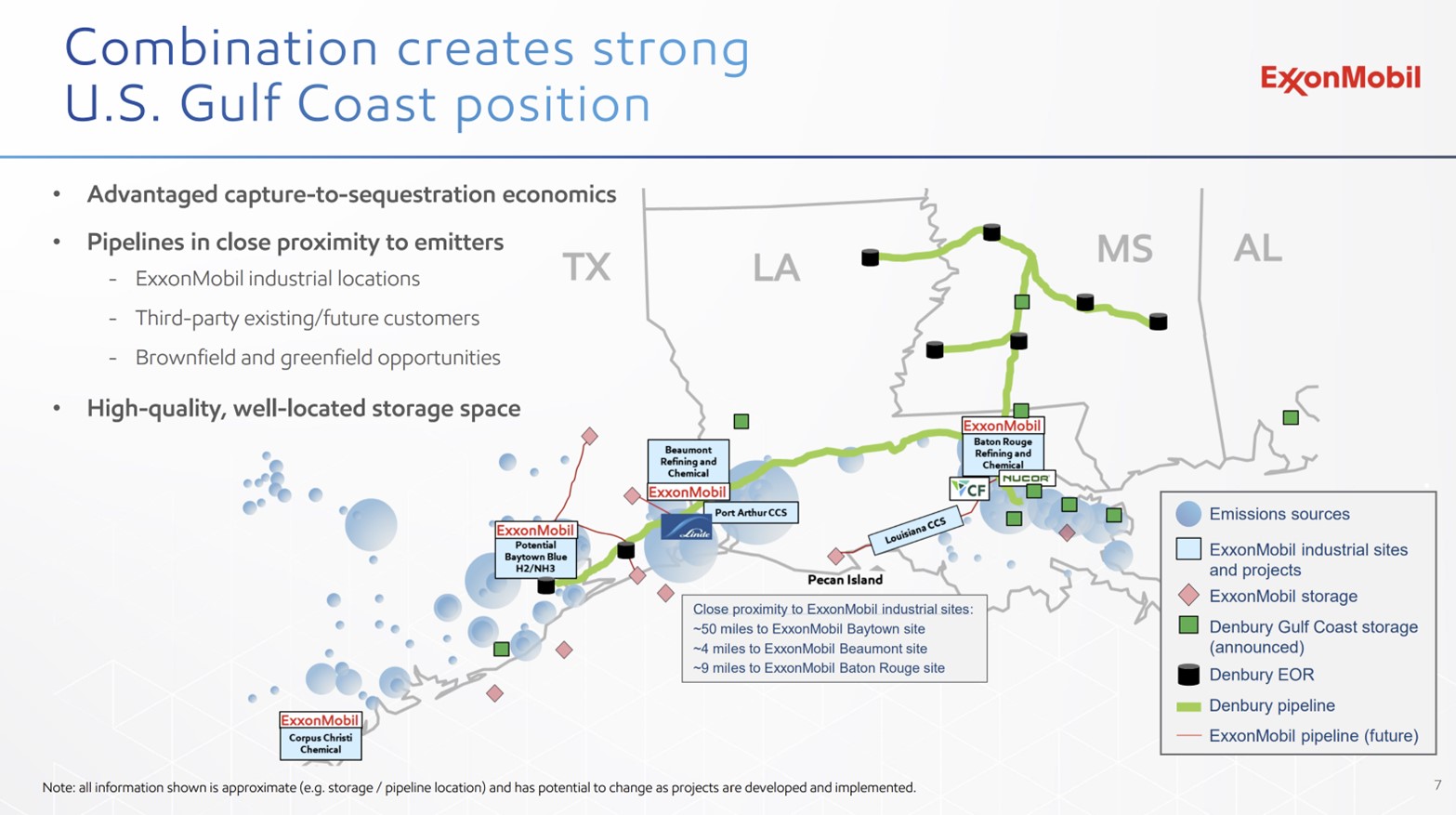 A slide showing a map of the combined CCUS infrastructure of Exxon and Denbury.