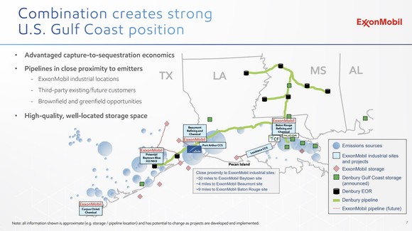 A slide showing a map of the combined CCUS infrastructure of Exxon and Denbury.