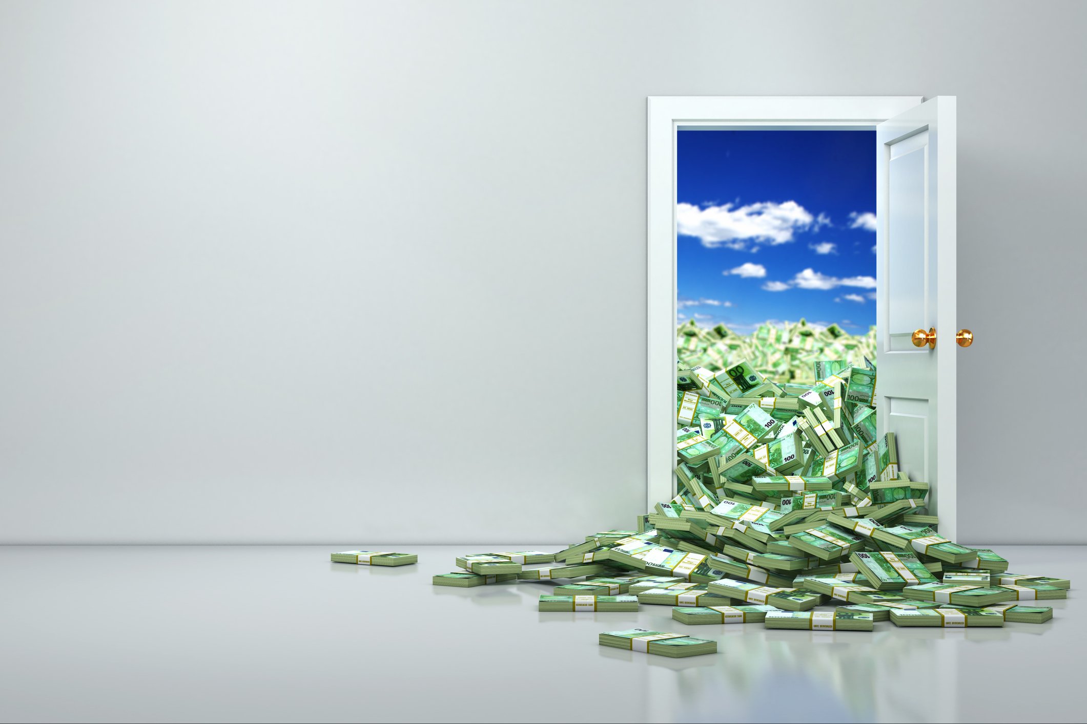 An open door revealing a pile of cash.