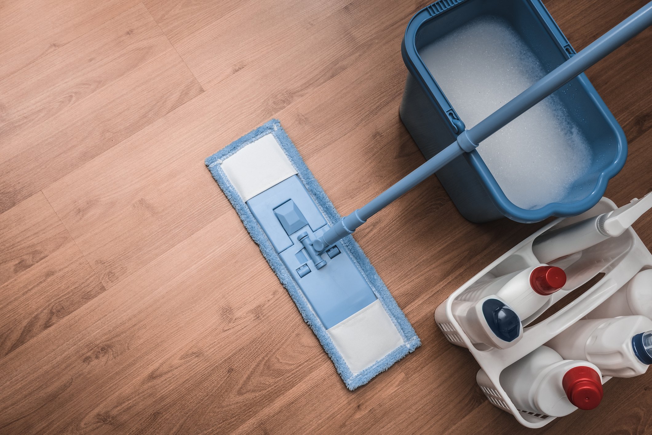 Mop and cleaning fluids.