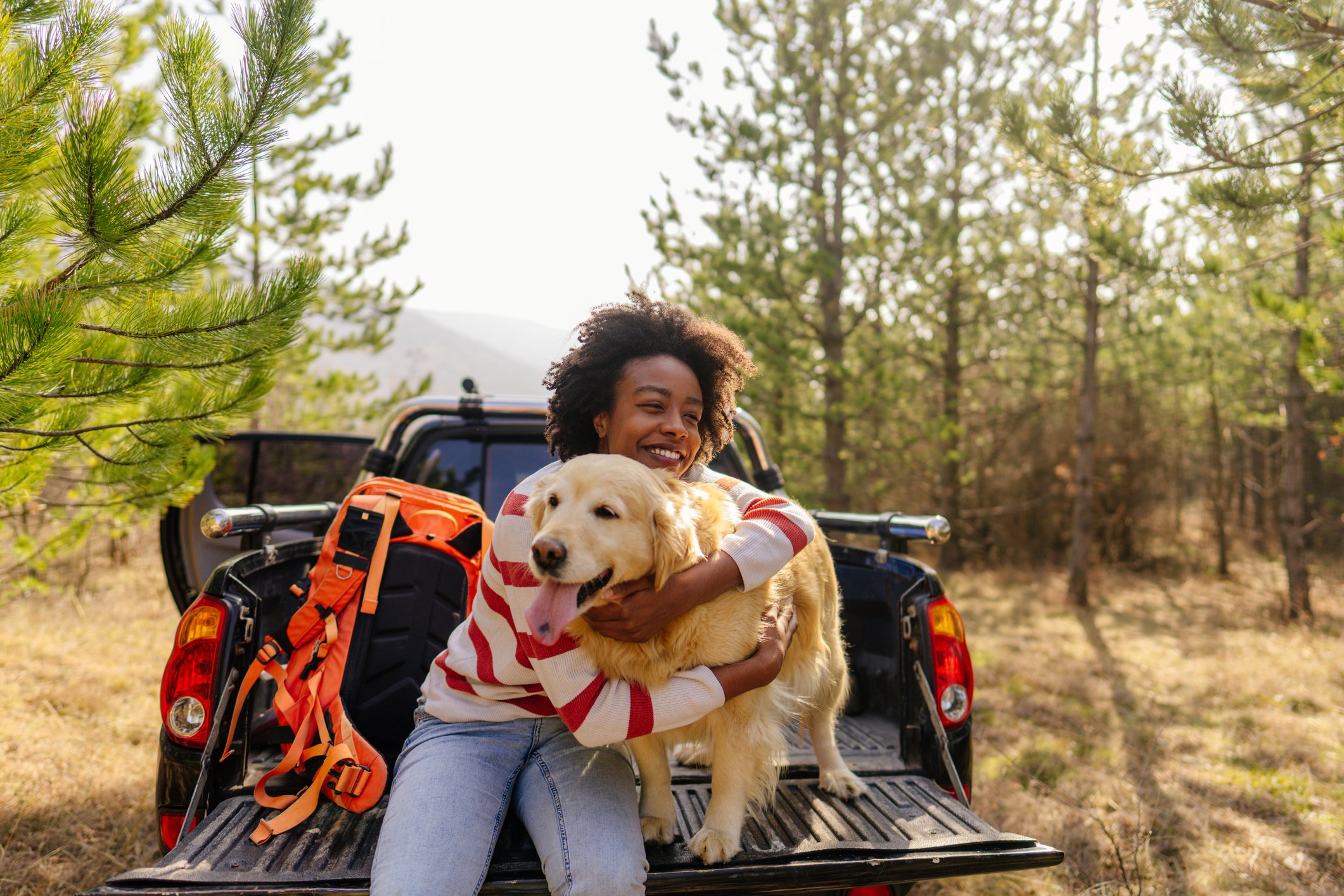 A dog and its owner in the back of a pickup truck.