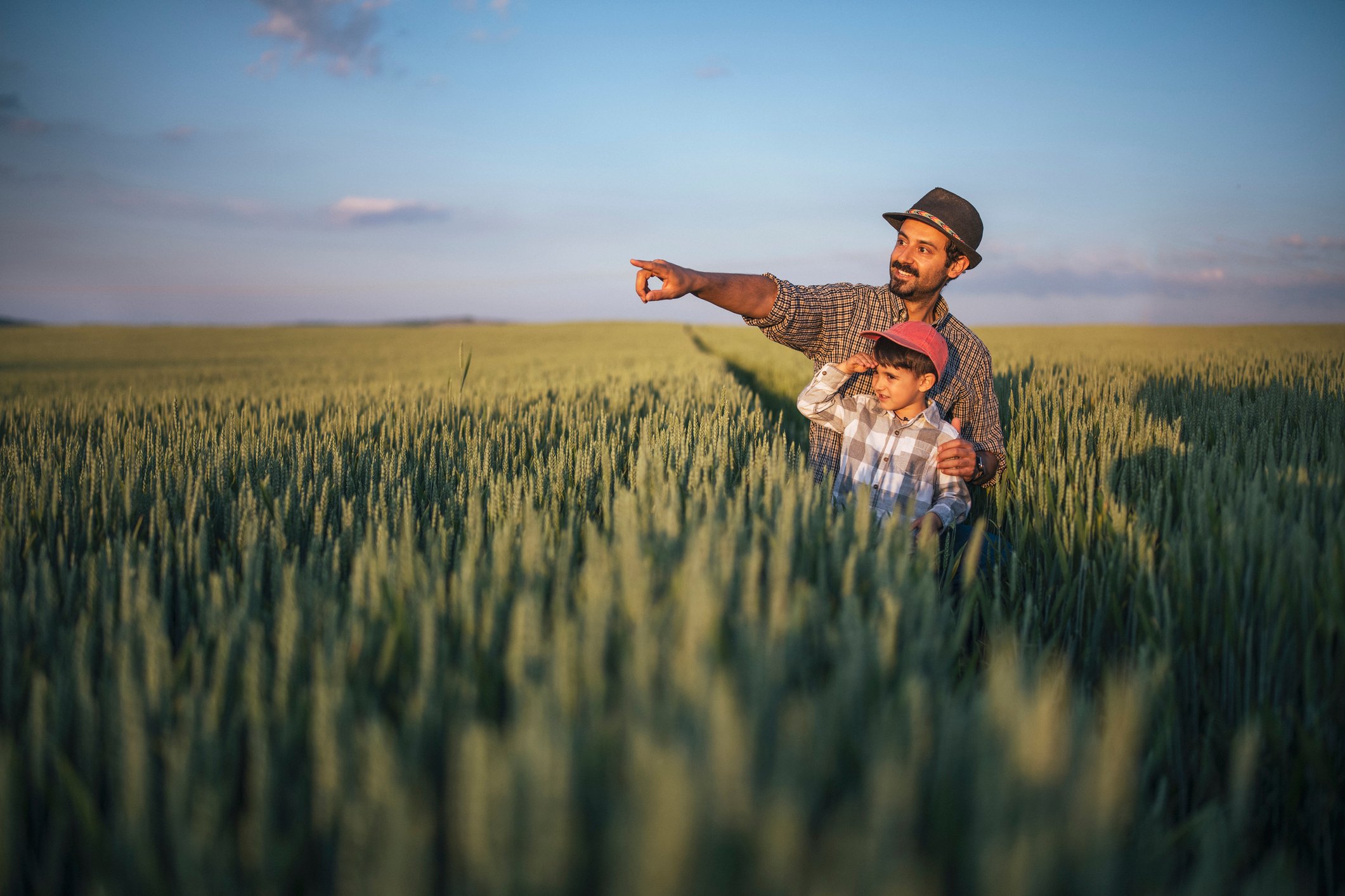 Man and boy in field and the man is pointing off to the distance.