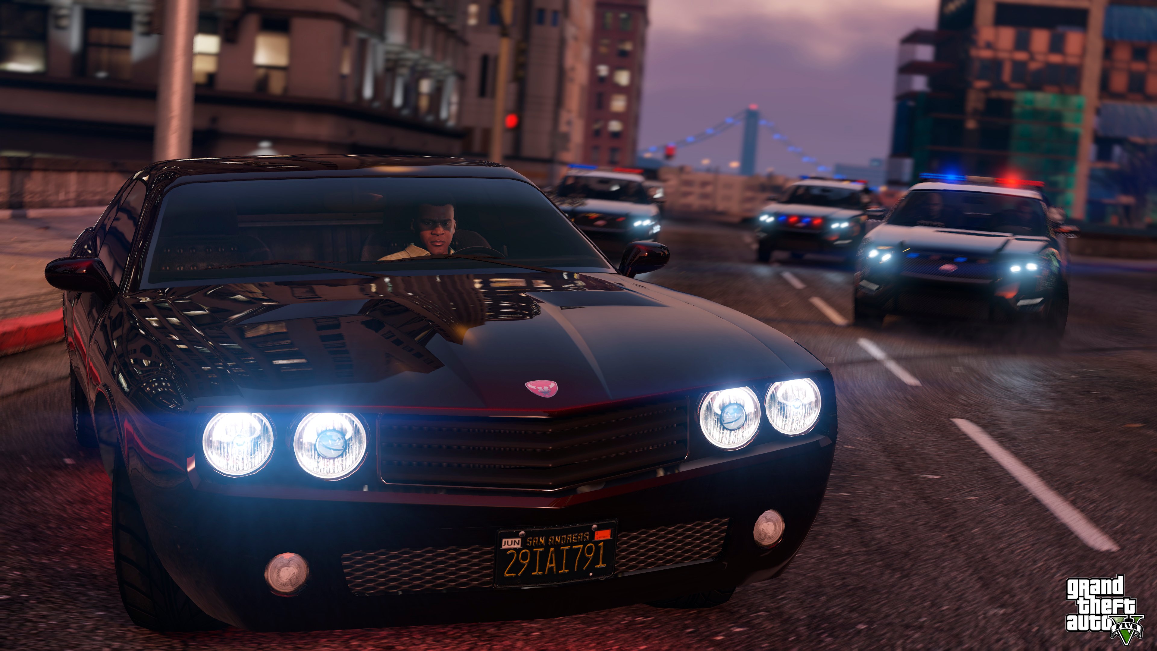 A character driving a car in Grand Theft Auto V.