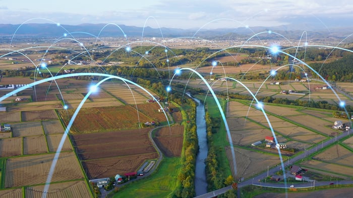 Illustration of network connections over farm fields.