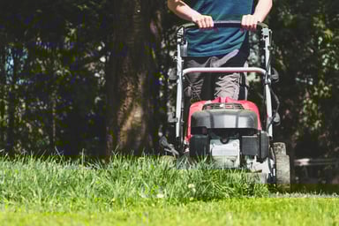 A person mows overgrown grass.