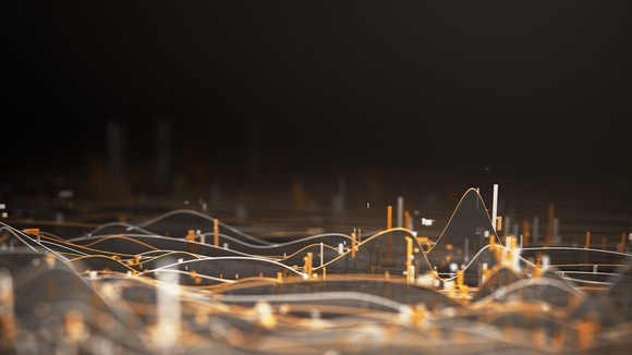 3D stock chart against a black background.