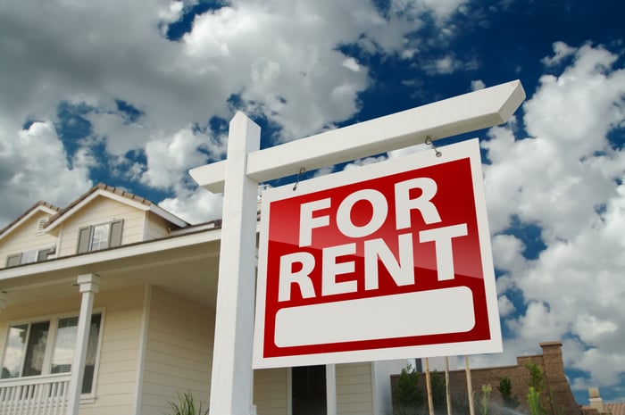 House with for rent sign in front of it.