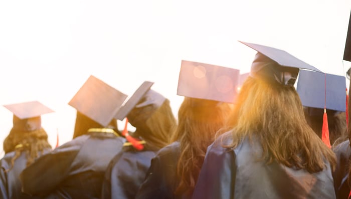 Students in caps and gowns.