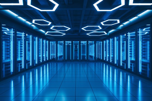 A server room in blue light. 