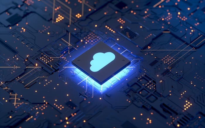 Square microchip with cloud icon on it. 