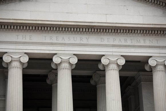 The front of the Treasury Department building.