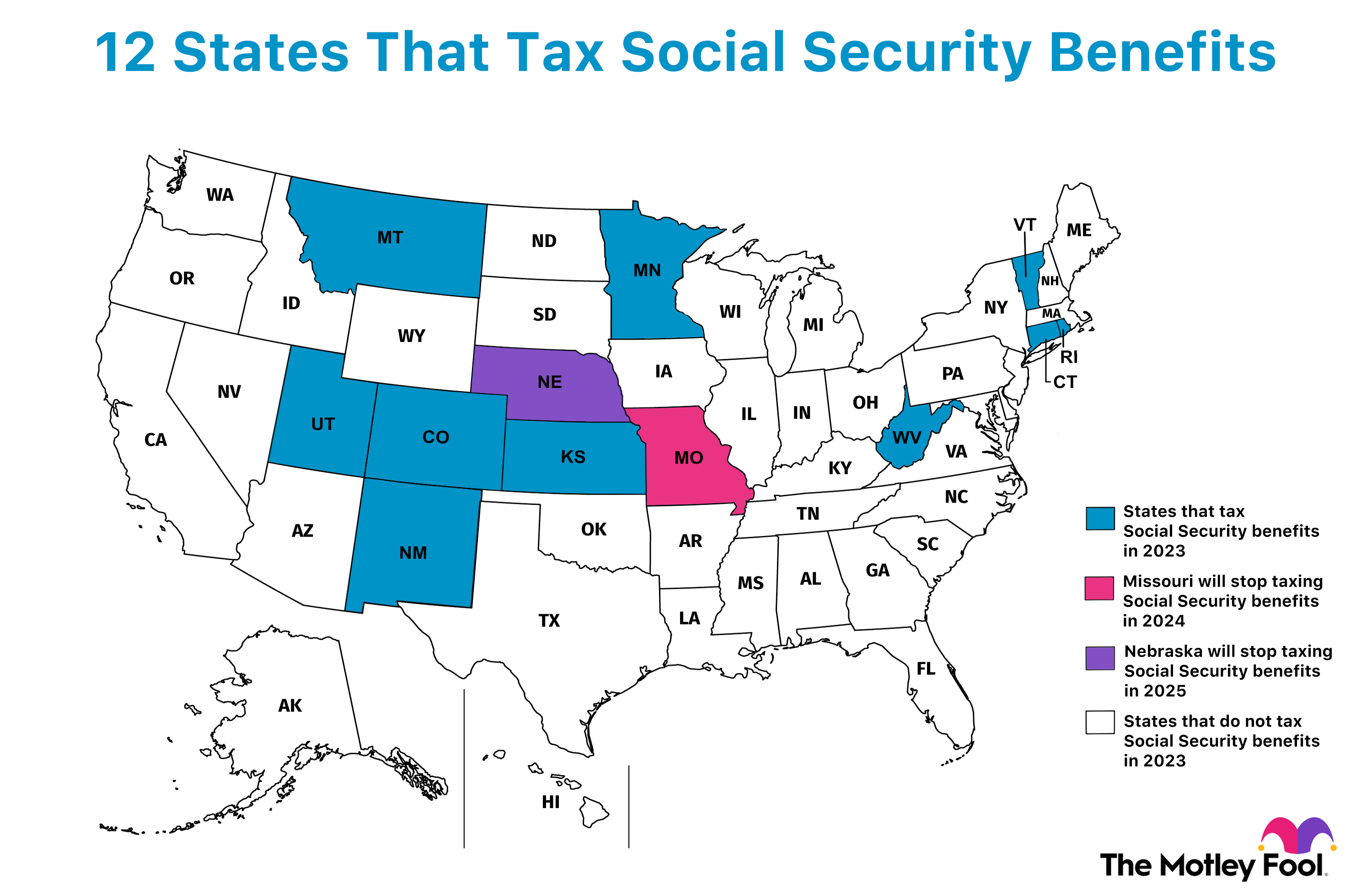 A map showing the 12 states that currently tax Social Security benefits.