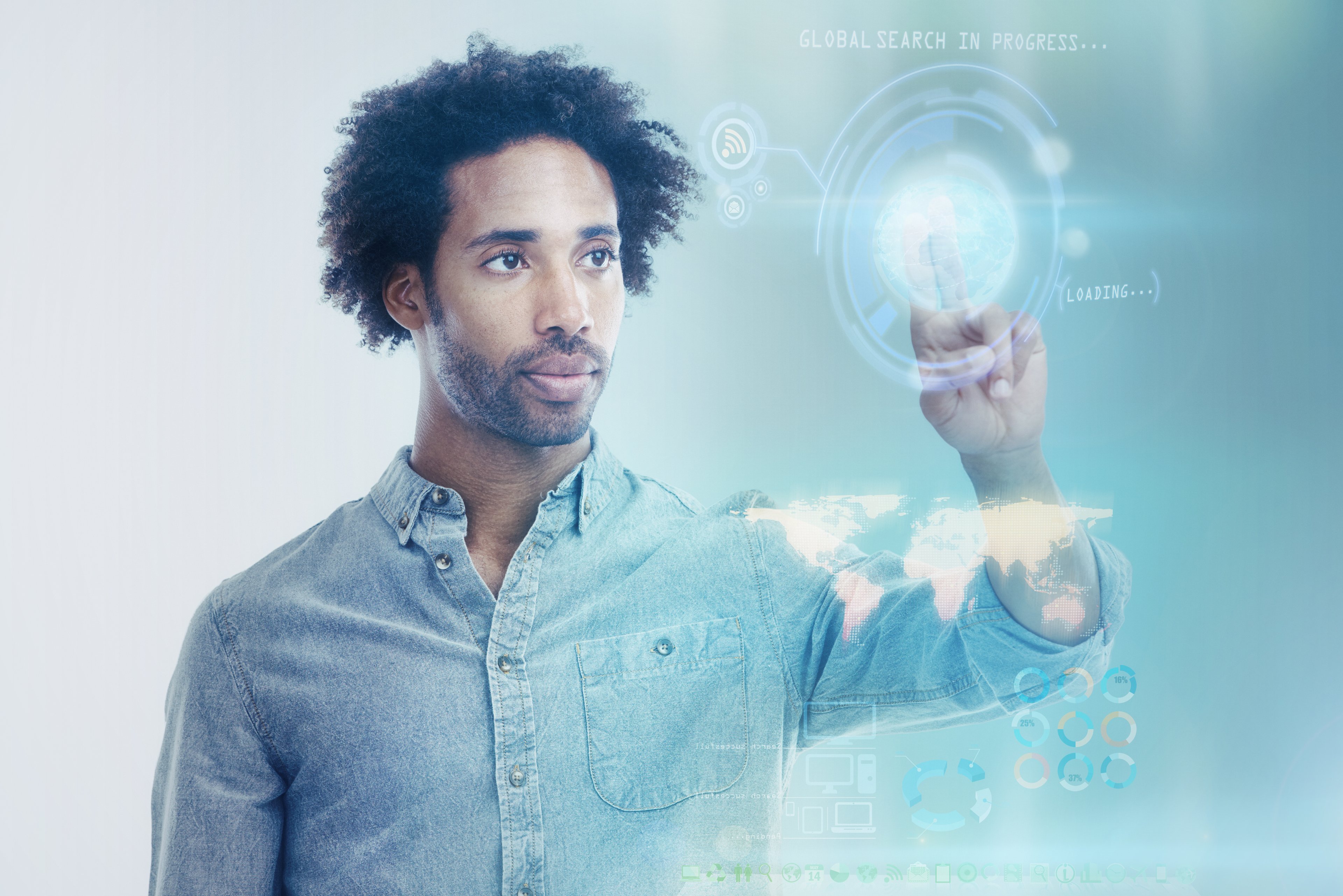 Person touches floating virtual icon. 