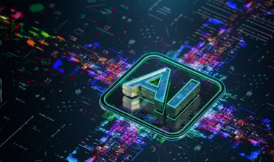 Glowing AI on circuit board.