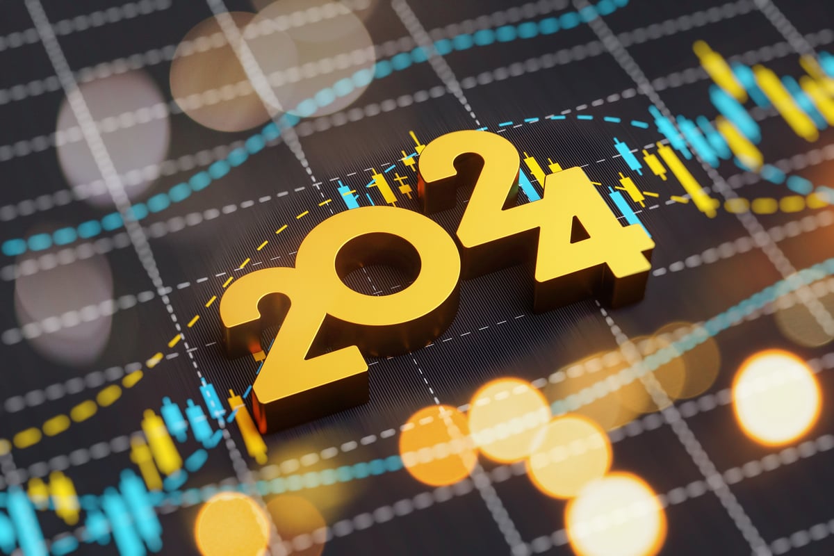 2024 in gold numbers on a stock chart.