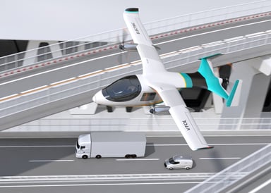 An electric airplane flying over a city