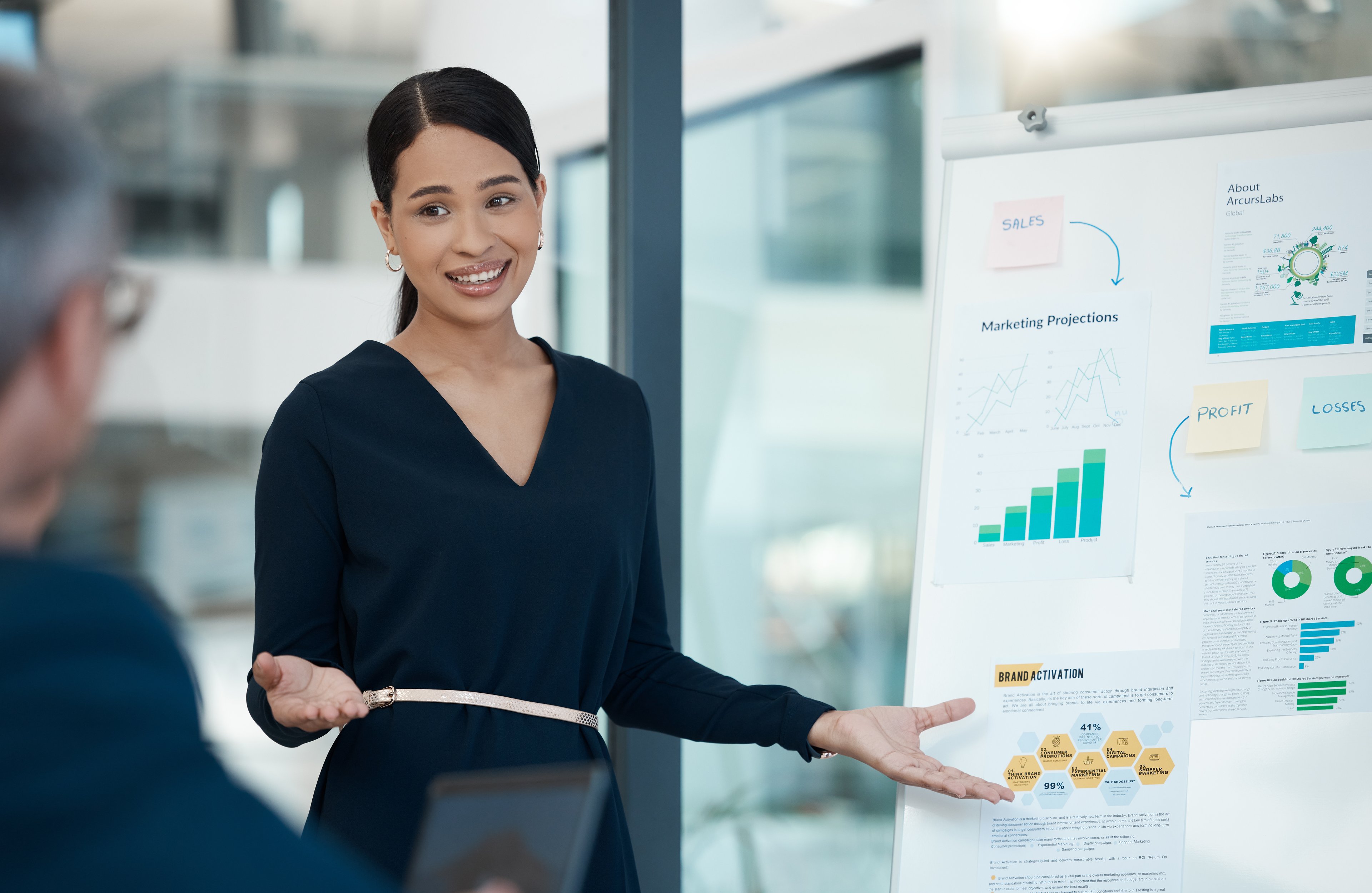 Woman-presenting-financial-charts