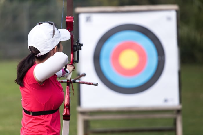 Archer aiming an arrow at a target.