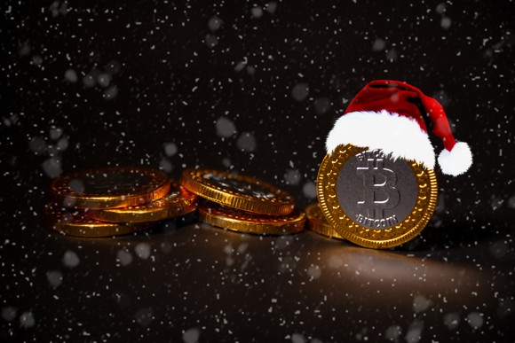 Gold Bitcoin with holiday Santa hat.