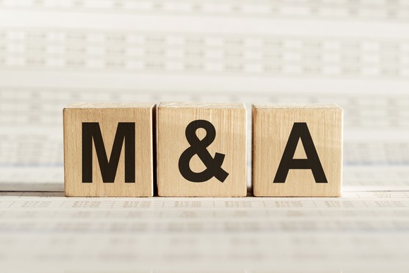 Wooden blocks that spell M&A, the acronym for mergers and acquisitions.