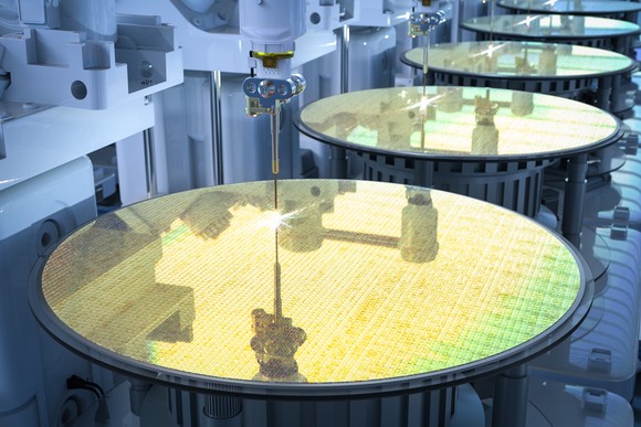 Semiconductor wafers going through a production line. 